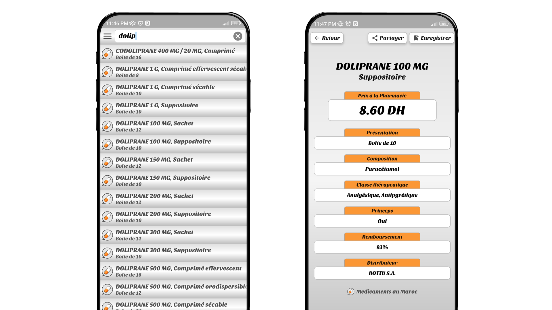 Screenshot from Medicaments au Maroc application